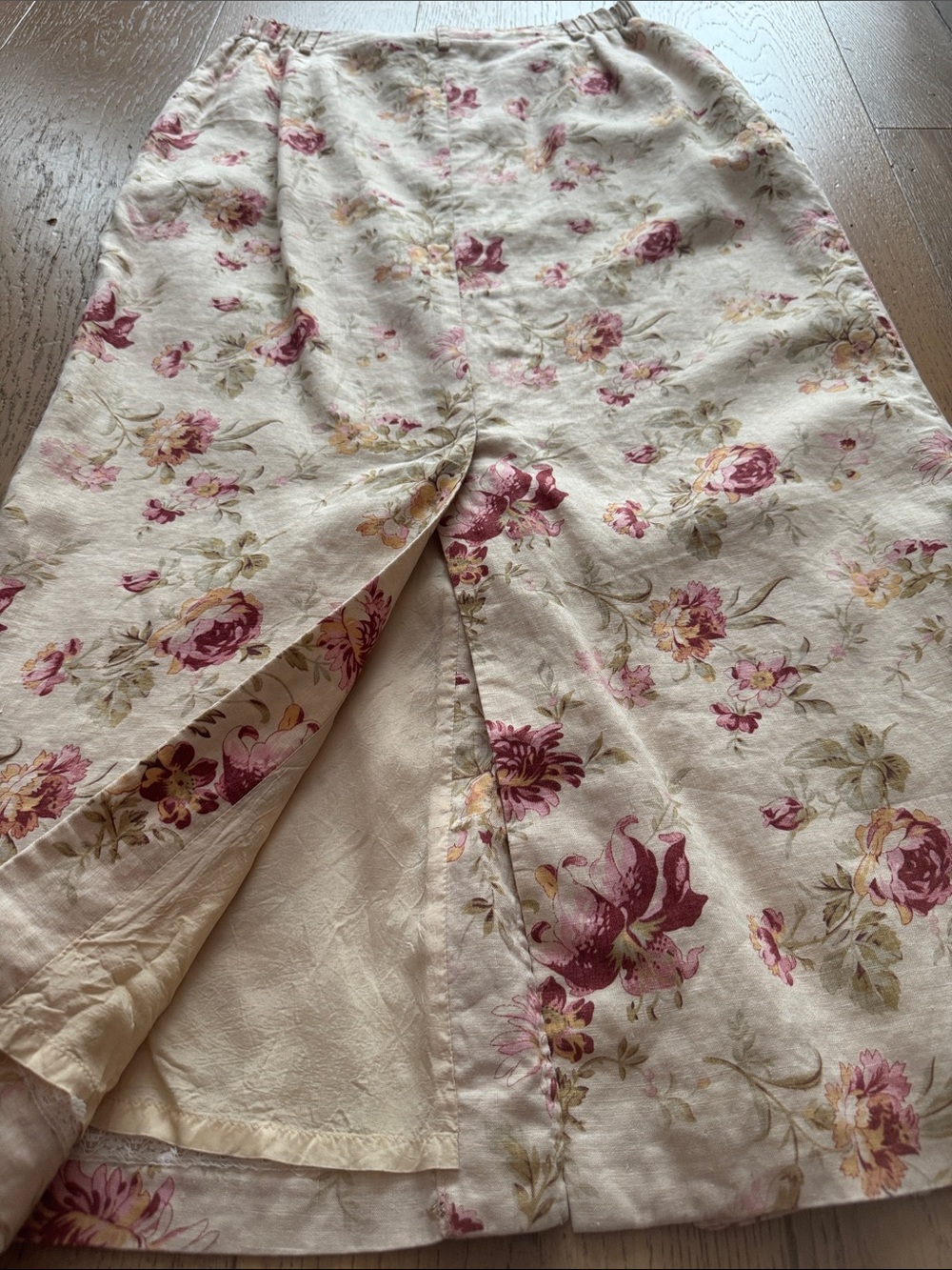 Orvis vintage floral linen midi skirt front button placket back slit - Picture 5 of 5